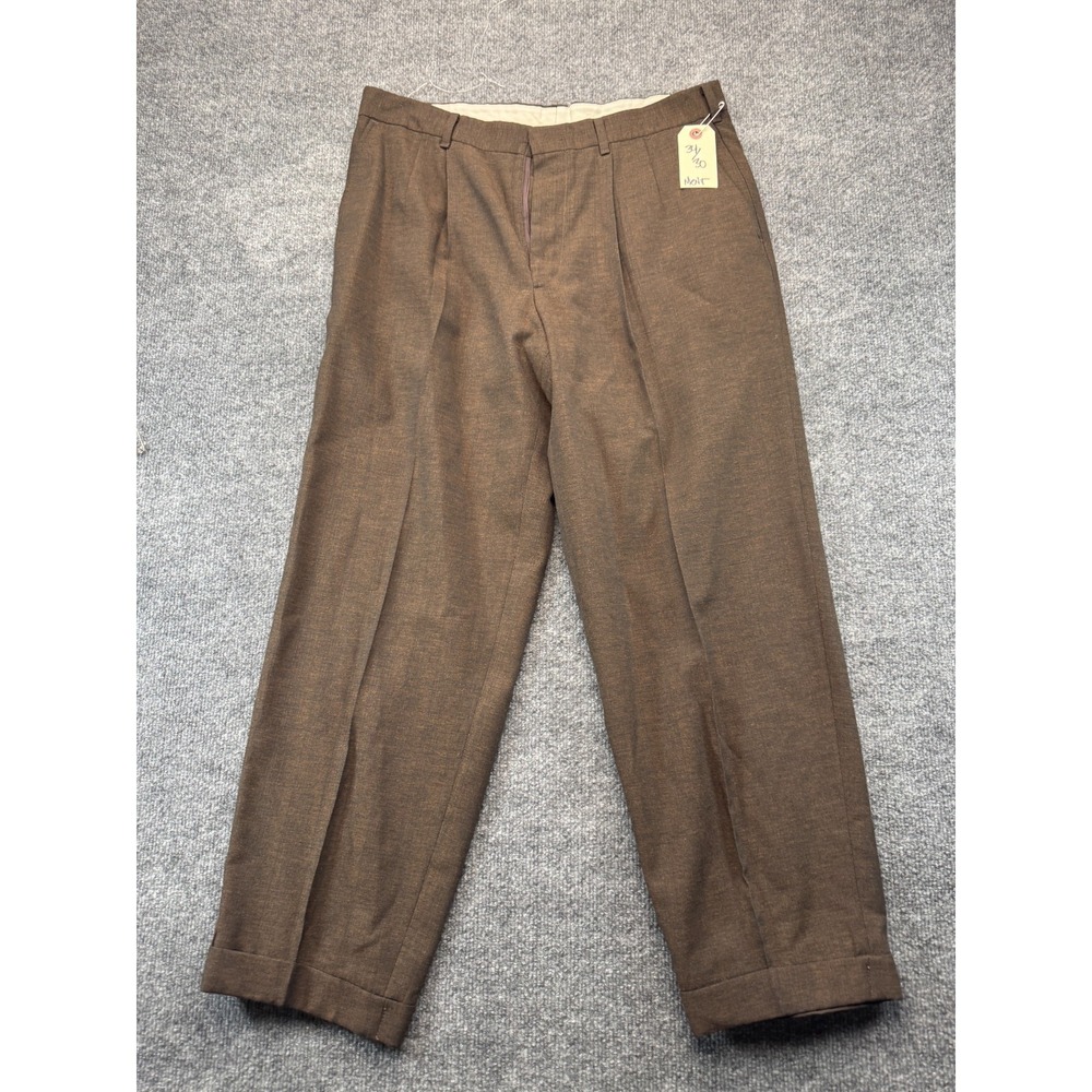 Mens Dress Pants 34x30 Brown Pleated Slash Pocket Professional Office Career